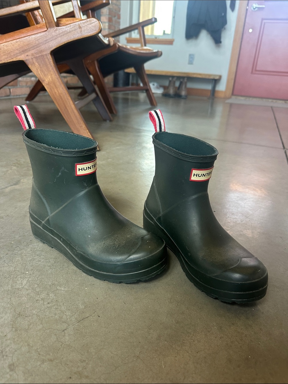 Hunter Boots - Dark Green Short Waterproof Rain Boots with Striped Pull Tabs